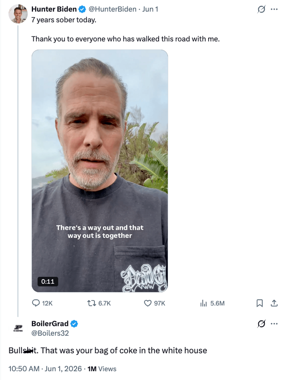 Screenshot of @Boilers32's response to Hunter Biden