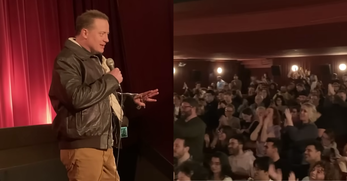Screenshot of Brendan Fraser; Screenshot of cheering audience
