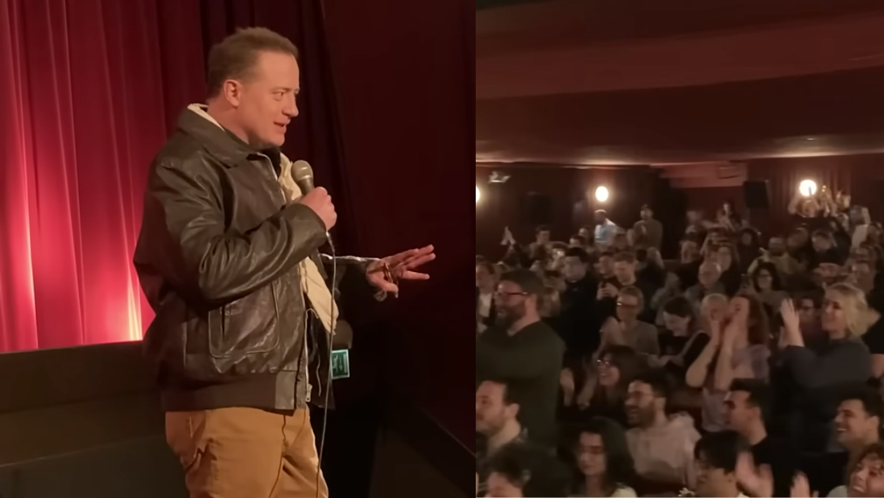 Screenshot of Brendan Fraser; Screenshot of cheering audience