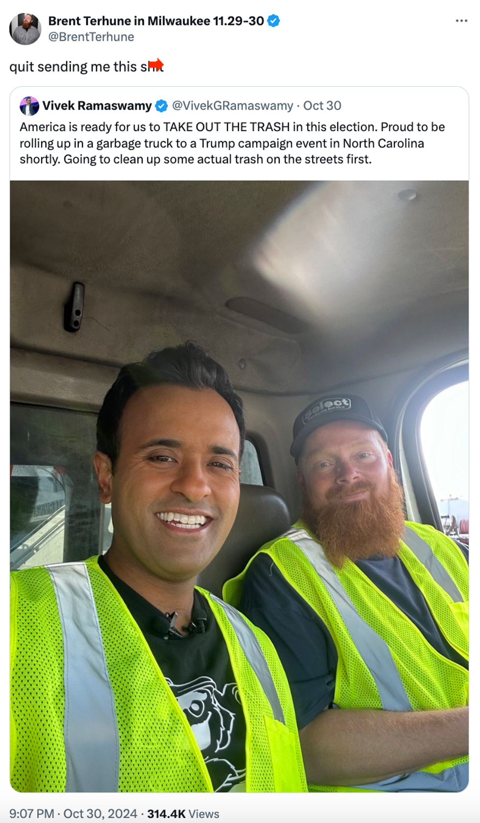 Screenshot of Brent Terhune responding to Vivek Ramaswamy's post