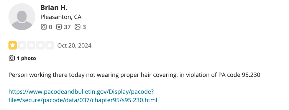 Screenshot of Brian H.'s Yelp review