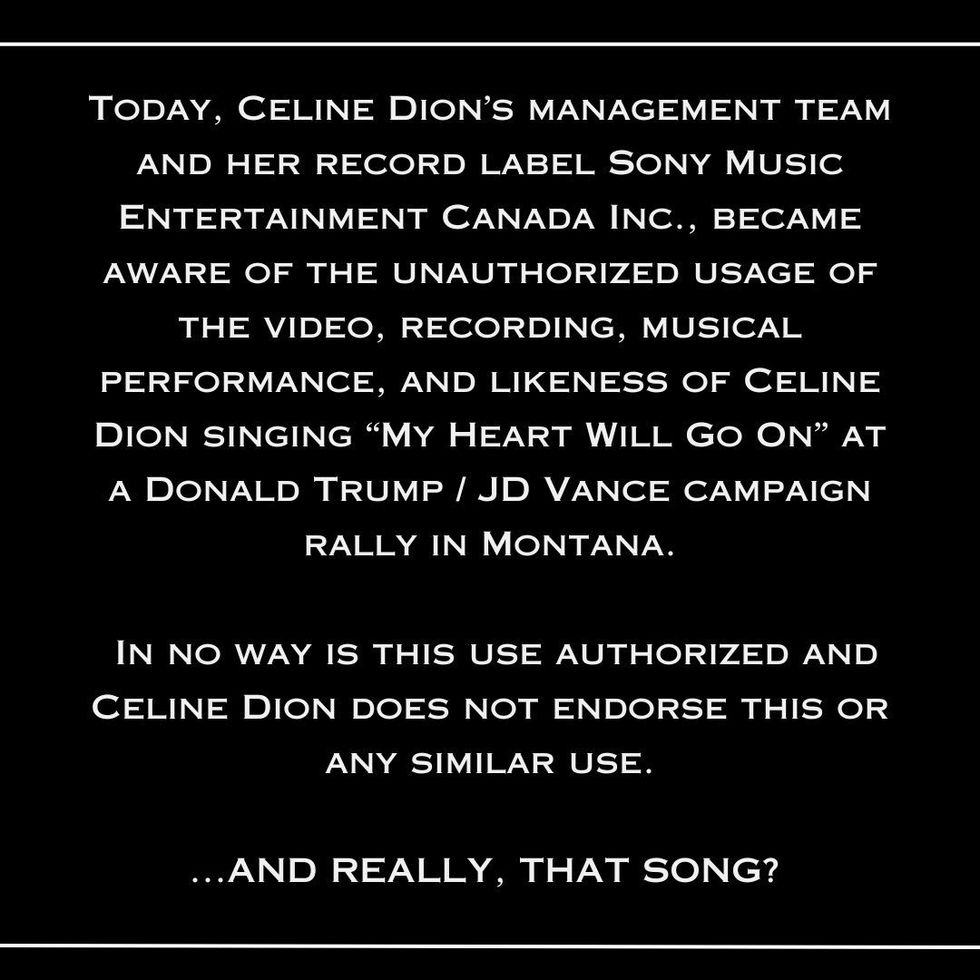 Screenshot of C\u00e9line Dion's statement