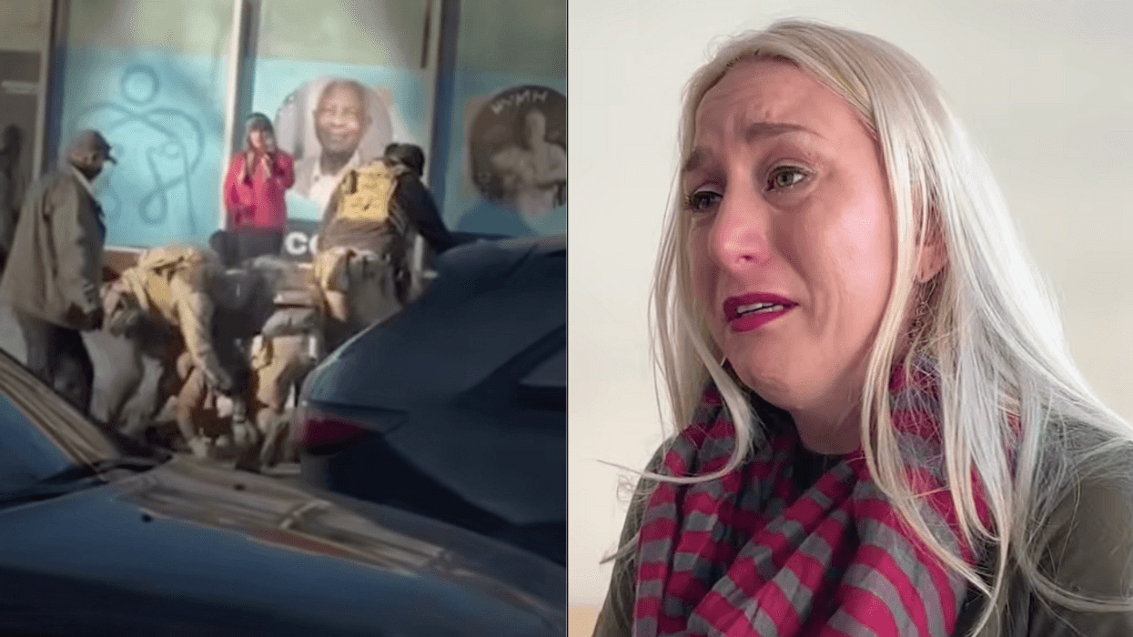 Screenshot of Carlson in pink jacket and Carlson from interview