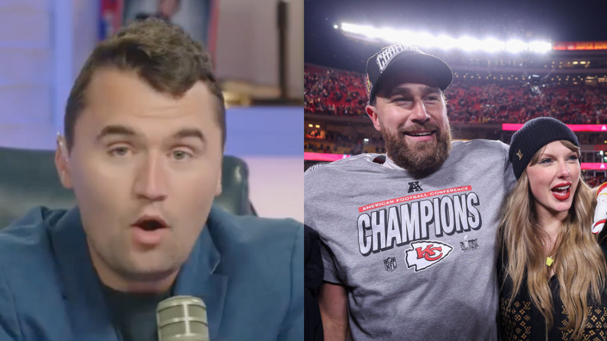 Screenshot of Charlie Kirk; Travis Kelce and Taylor Swift