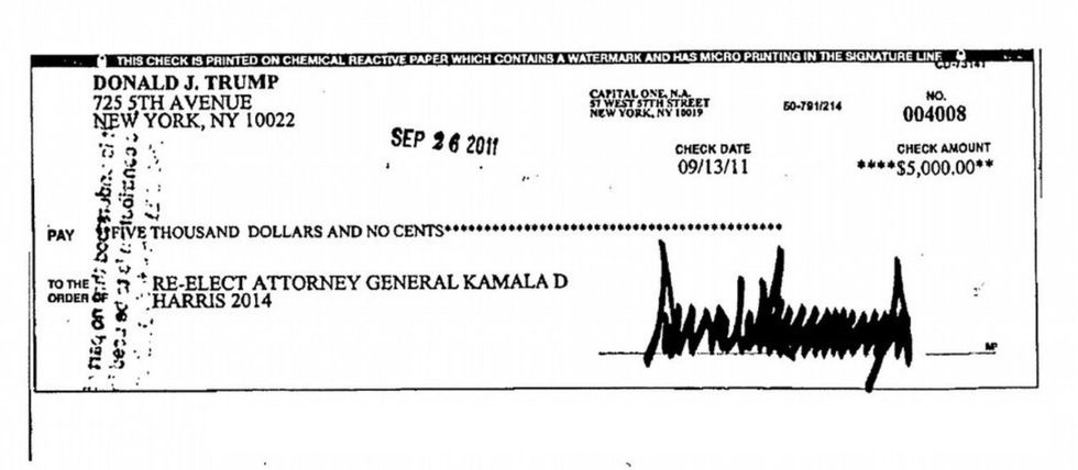 Screenshot of check Donald Trump once wrote to Kamala Harris