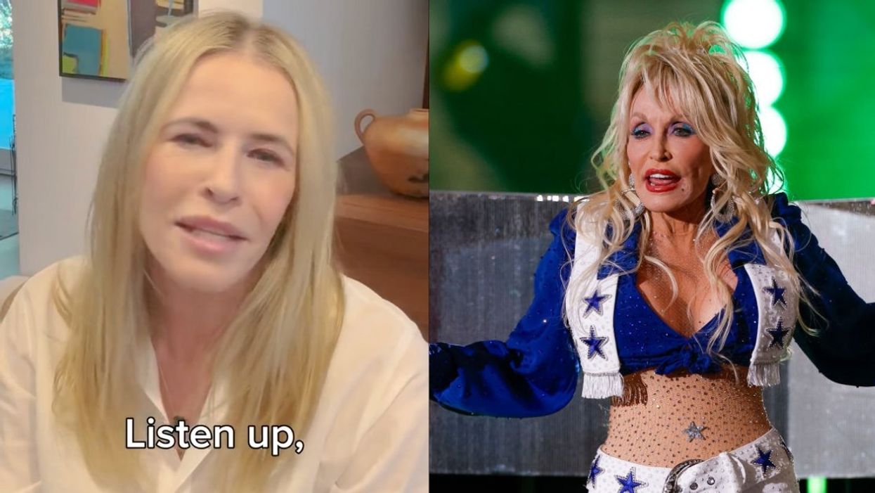 Screenshot of Chelsea Handler from video; image of Dolly Parton