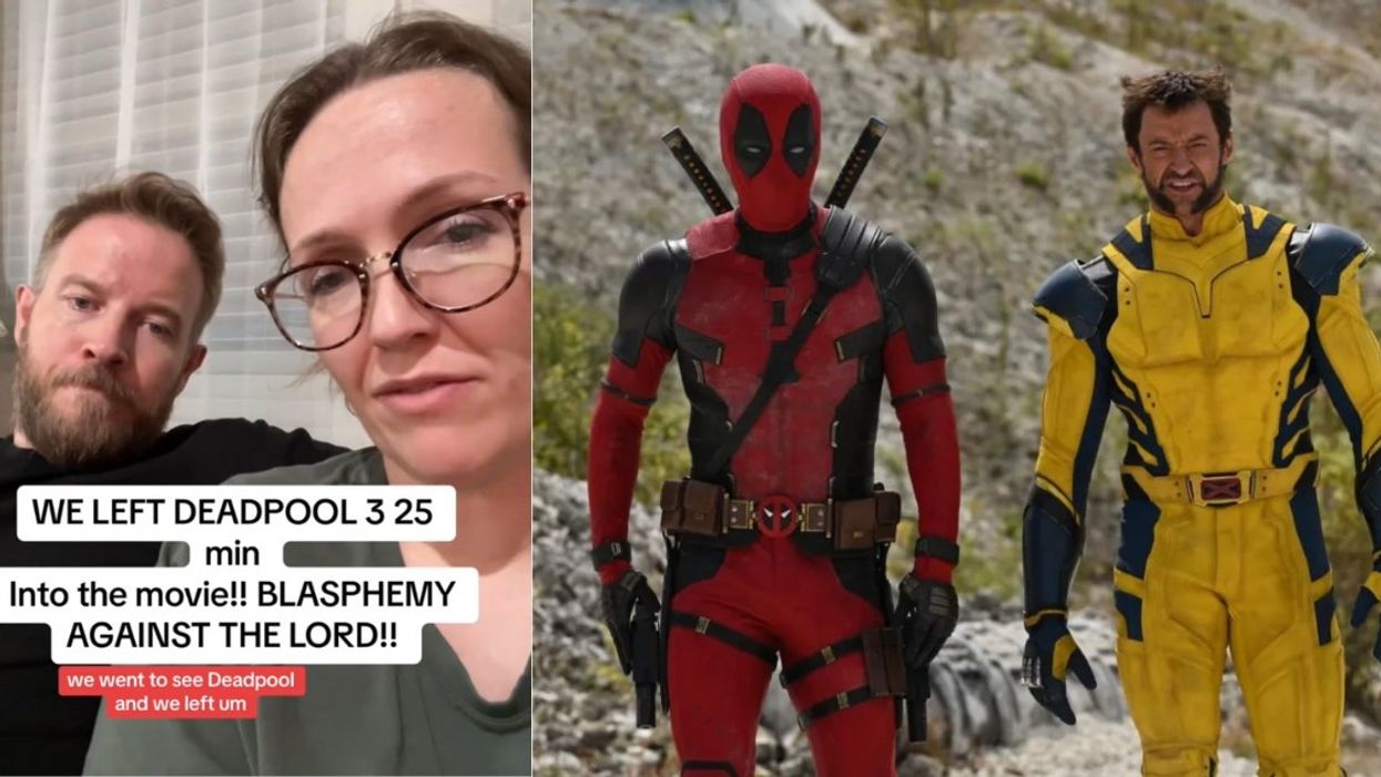 Screenshot of Christian couple from TikTok; Image from 'Deadpool & Wolverine'