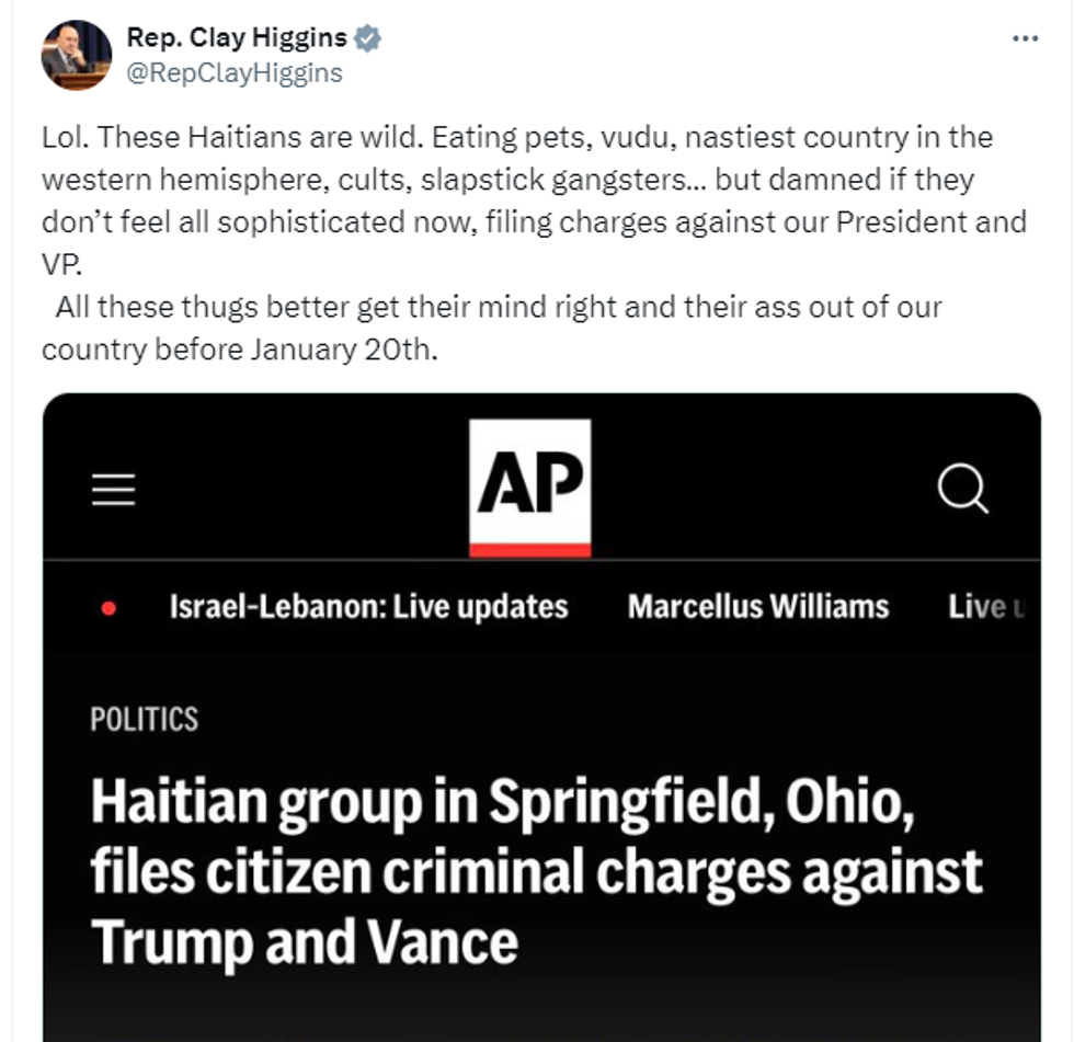 Screenshot of Clay Higgins' X post