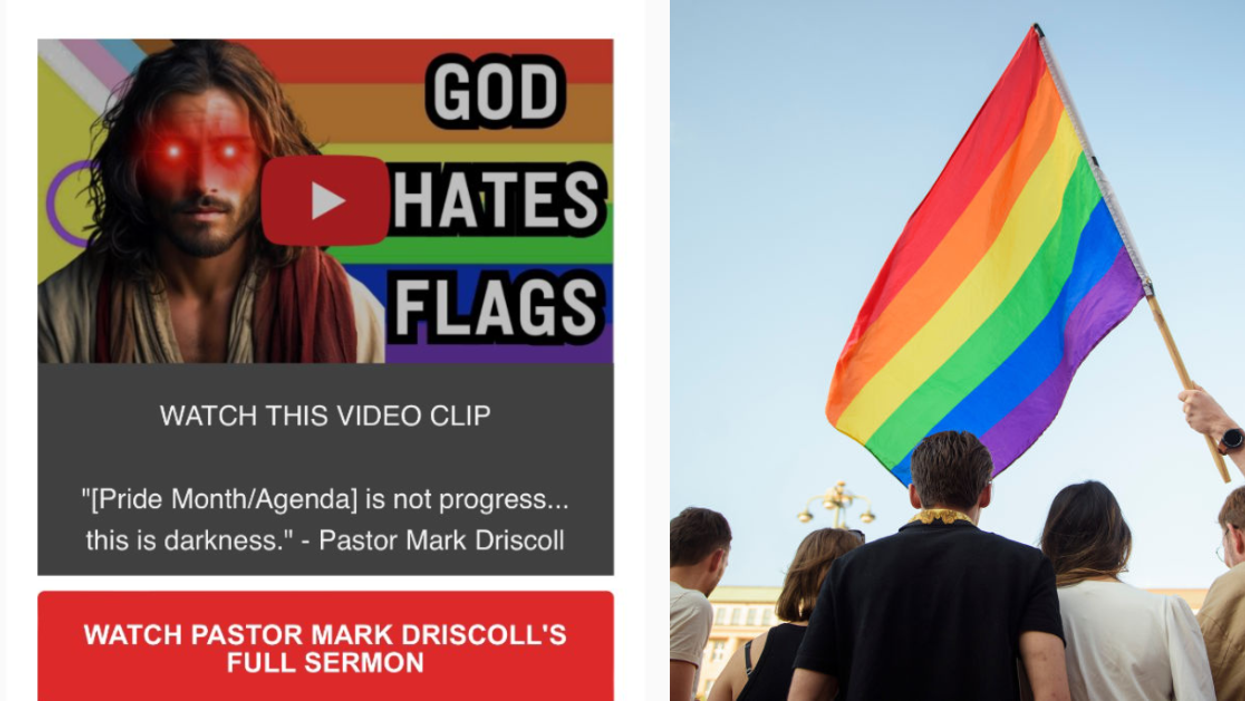 Screenshot of Colorado GOP's message about burning pride flag; Individuals waving Pride flag