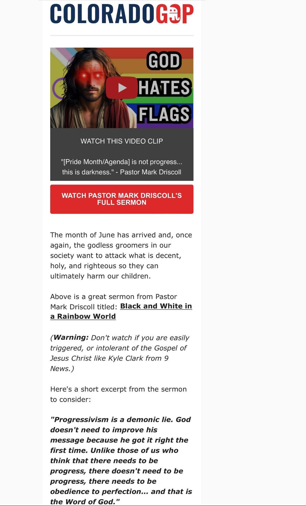 Screenshot of Colorado GOP's message about burning pride flag
