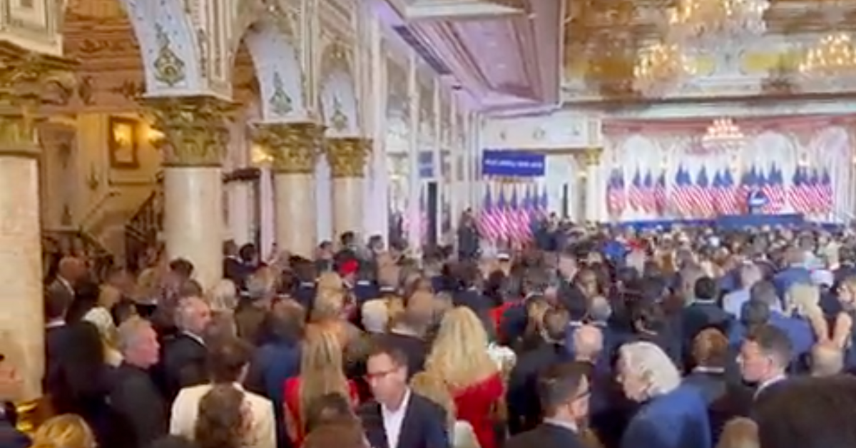 screenshot of crowd attempting to leave during Donald Trump's speech