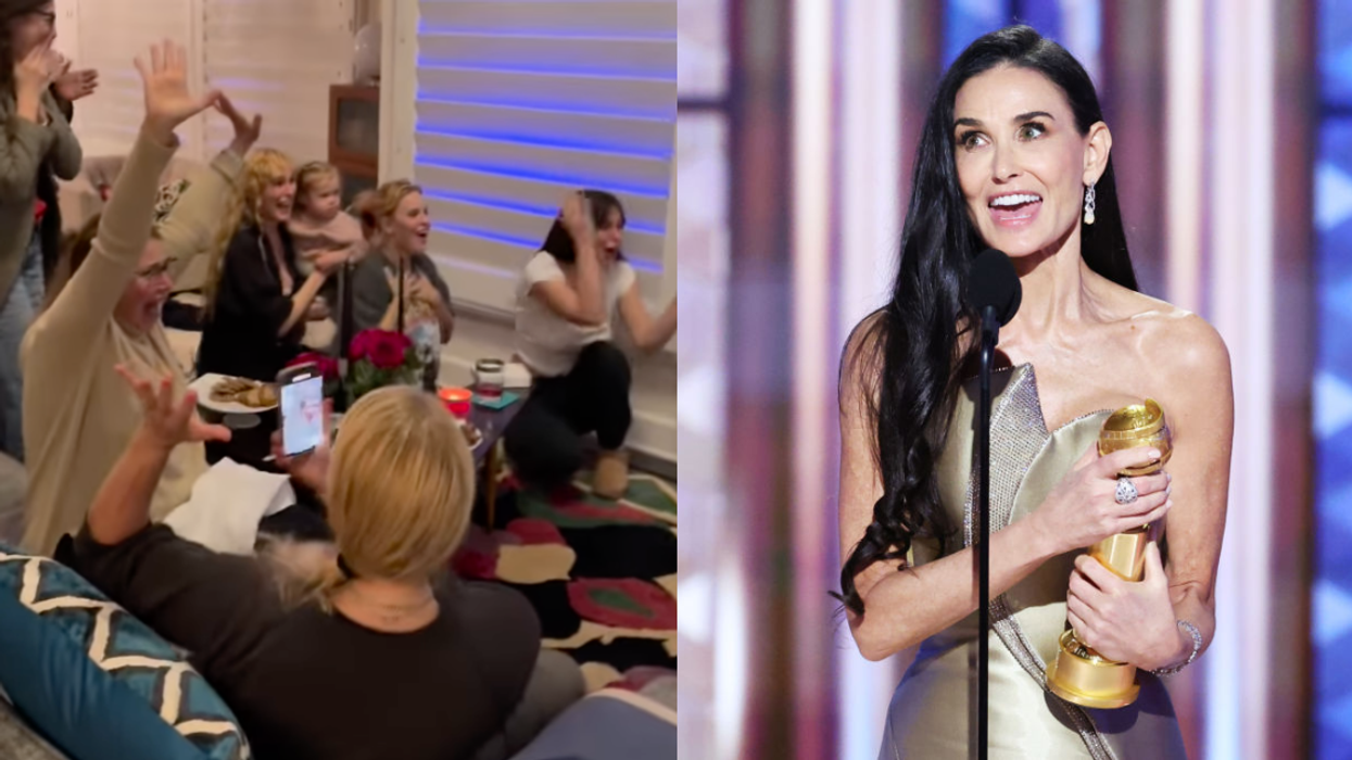 Screenshot of Demi Moore's family celebrating her win; Demi Moore