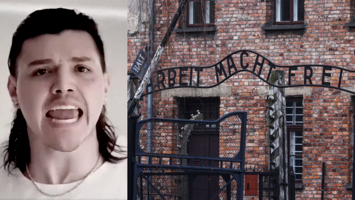 Screenshot of Dominik Mysterio; Museum Auschwitz-Birkenau entrance gate