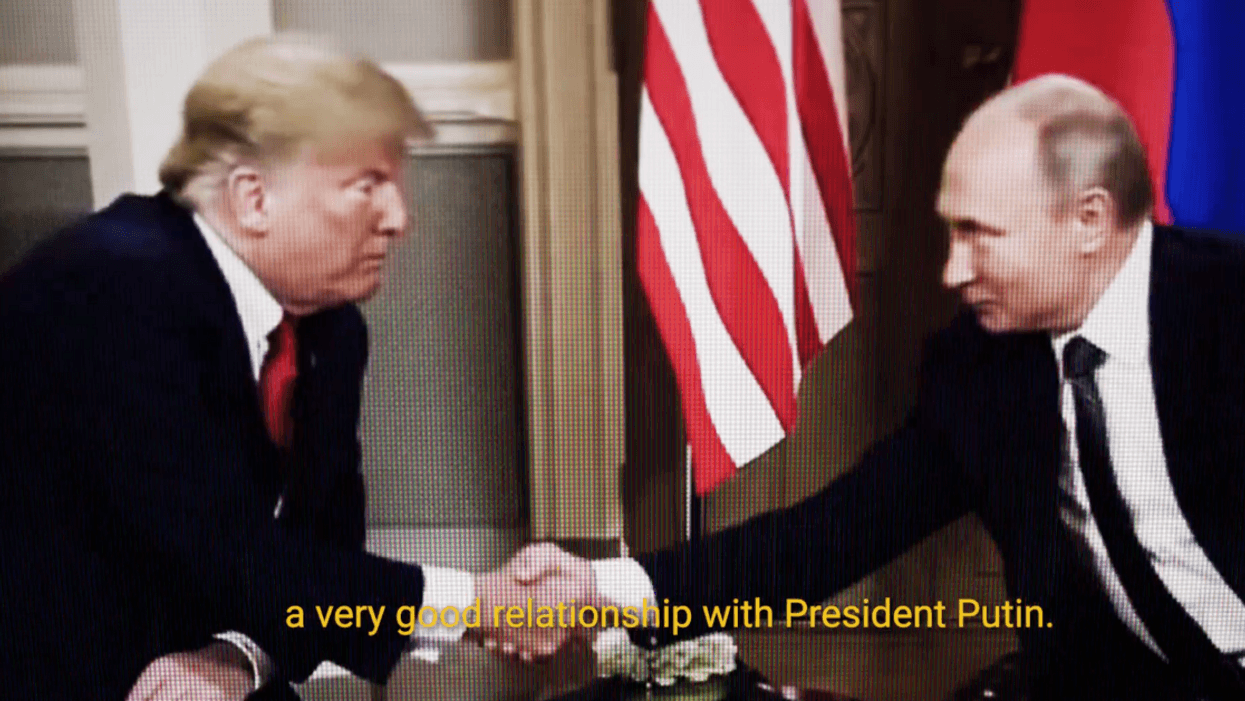 Screenshot of Donald Trump and Vladimir Putin shaking hands