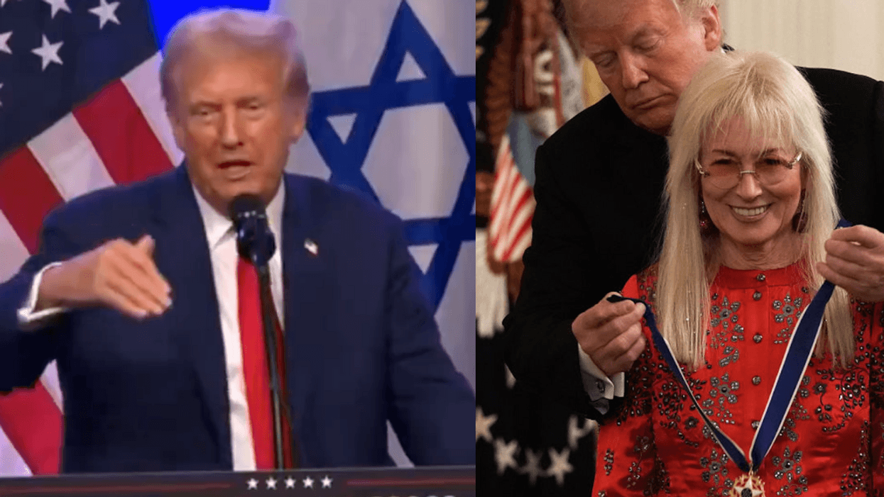 Screenshot of Donald Trump; Donald Trump awarding the Presidential Medal of Freedom to Miriam Adelson