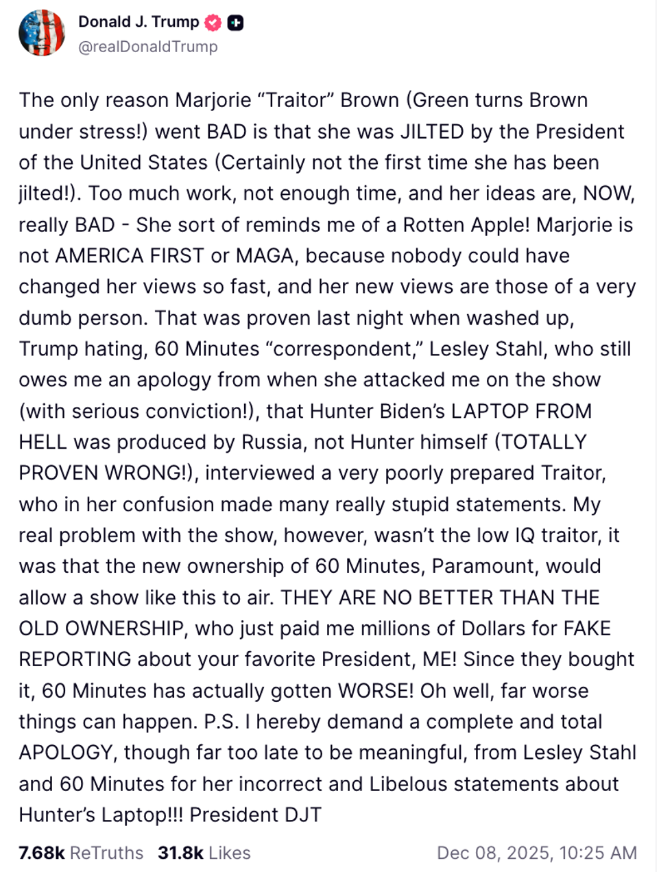 Screenshot of Donald Trump's below