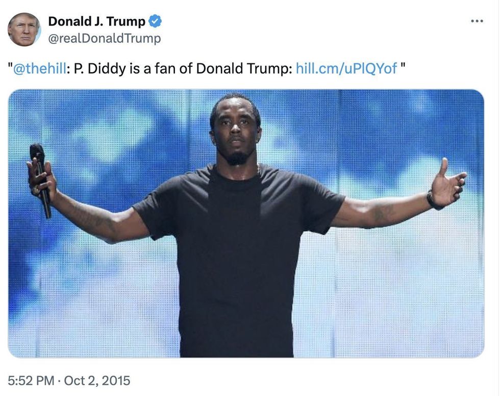 Screenshot of Donald Trump's old Twitter post about P. Diddy
