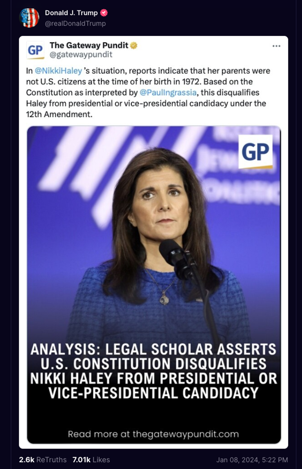 Screenshot of Donald Trump's post attacking Nikki Haley