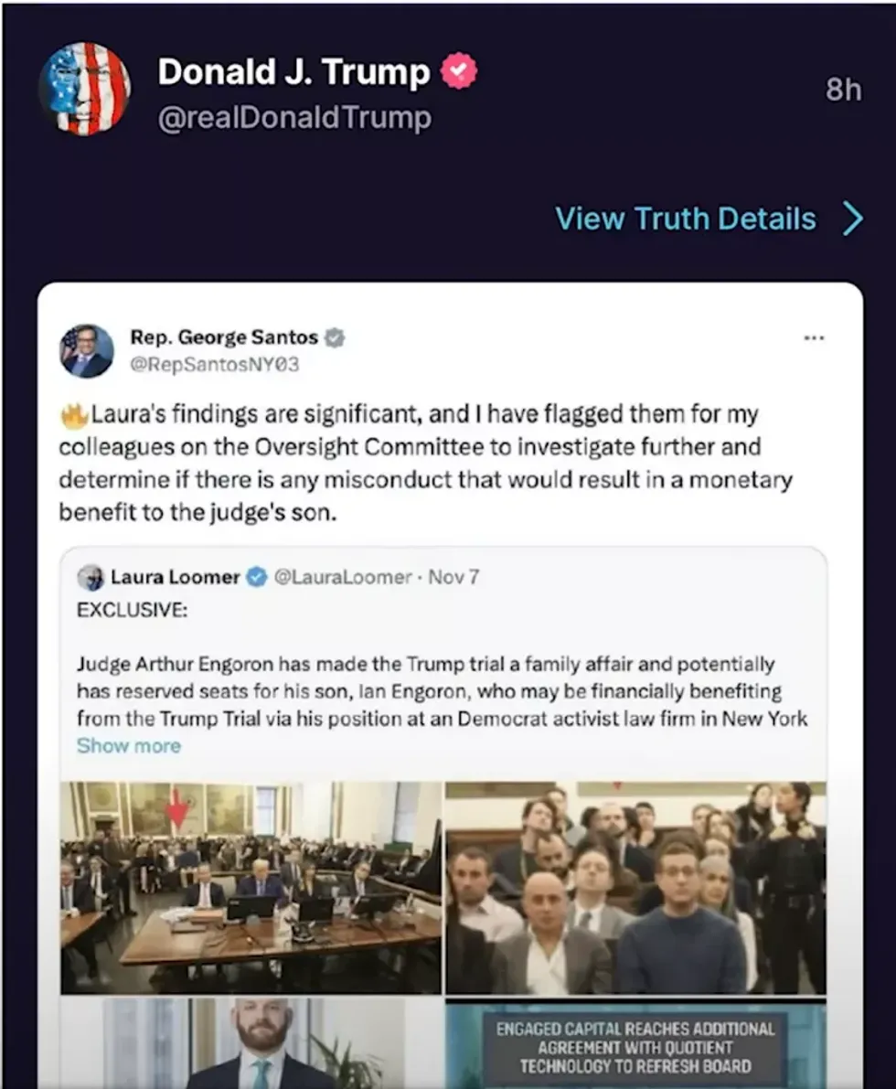 Screenshot of Donald Trump's post on Truth Social amplifying George Santos' and Laura Loomer's conspiracy theory