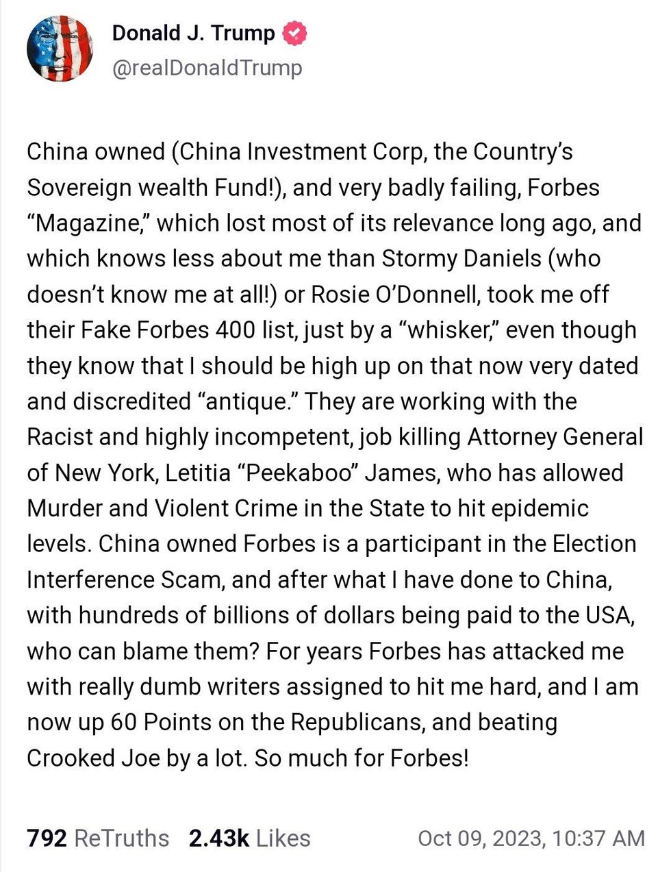 Screenshot of Donald Trump's post on Truth Social