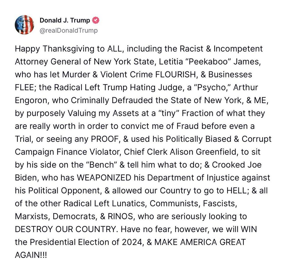 Screenshot of Donald Trump's post on Truth Social