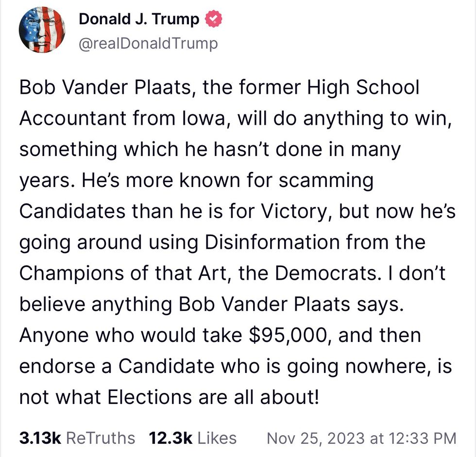 Screenshot of Donald Trump's post on Truth Social