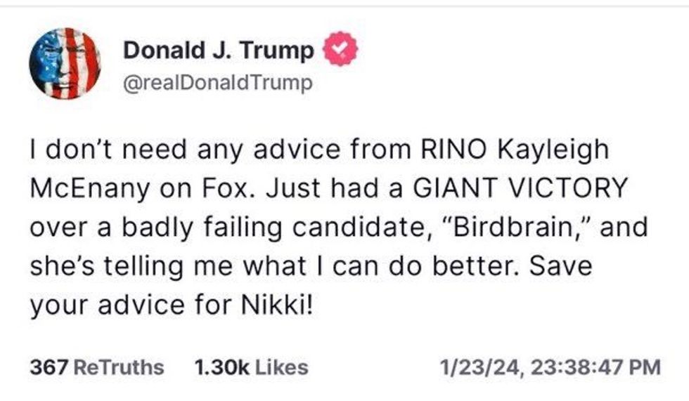 Screenshot of Donald Trump's post on Truth Social