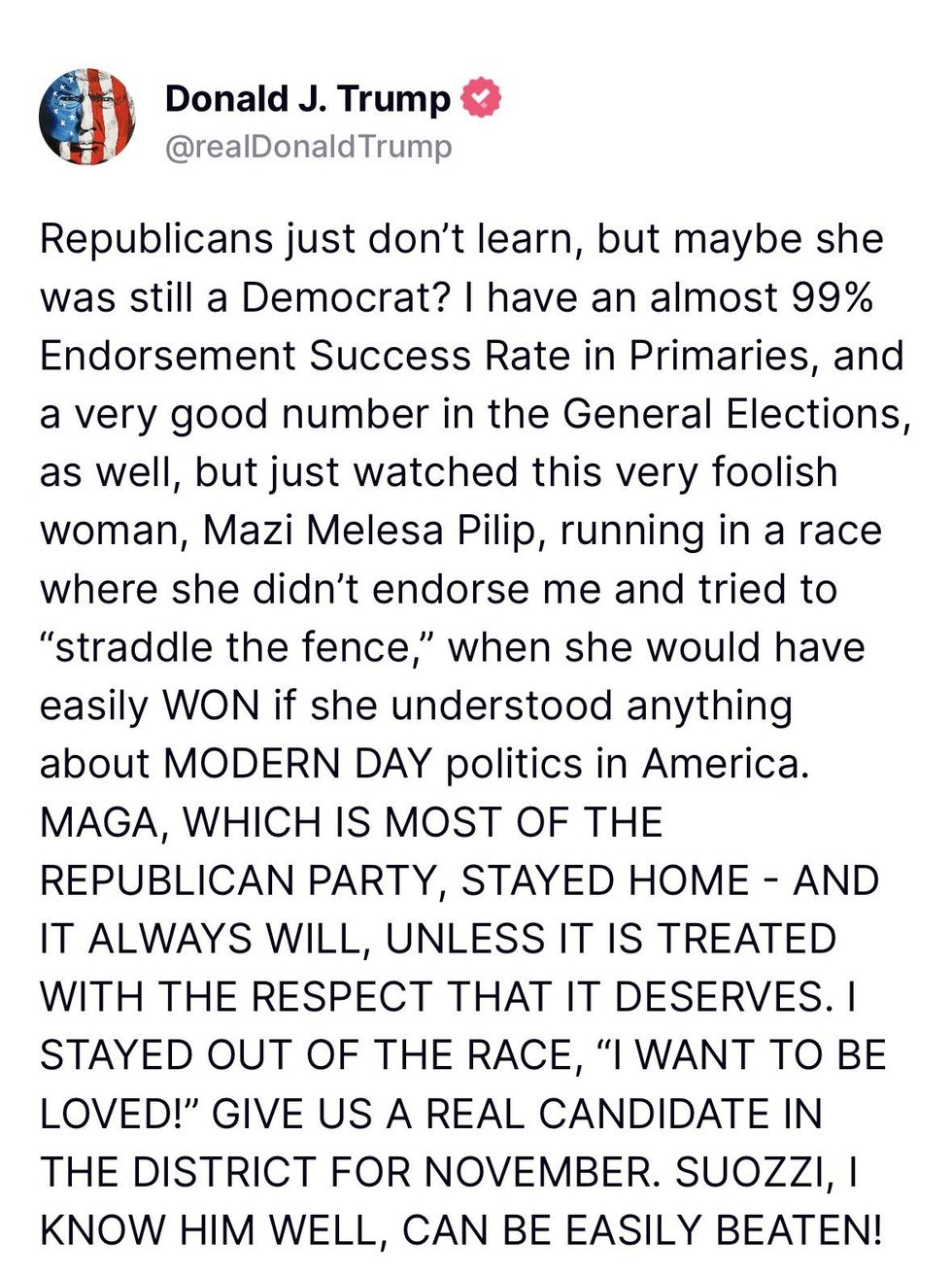 Screenshot of Donald Trump's post on Truth Social