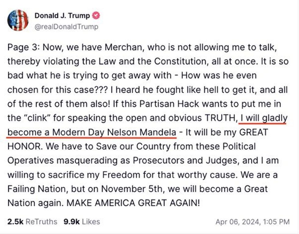 Screenshot of Donald Trump's post on Truth Social