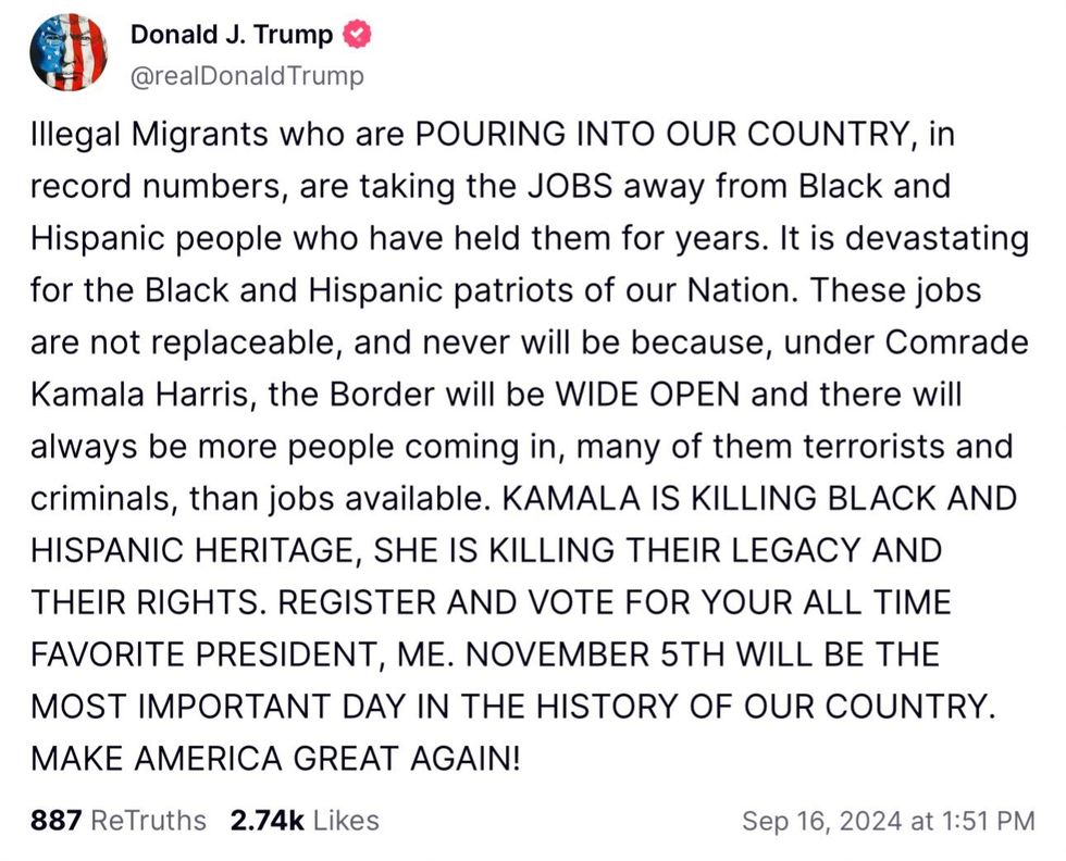 Screenshot of Donald Trump's post on Truth Social