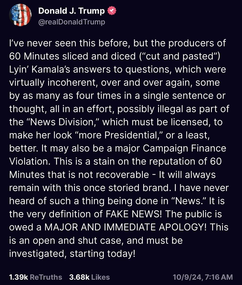 Screenshot of Donald Trump's post on Truth Social