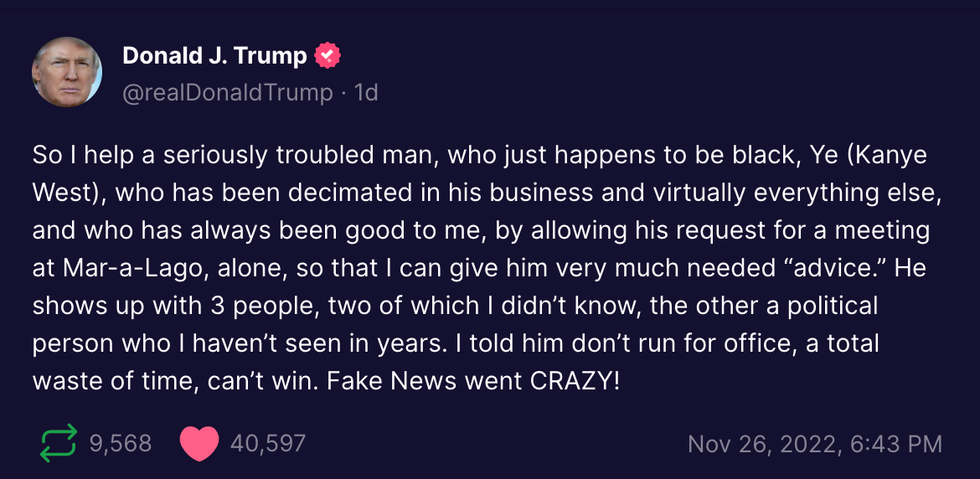 screenshot of Donald Trump's post on Truth Social