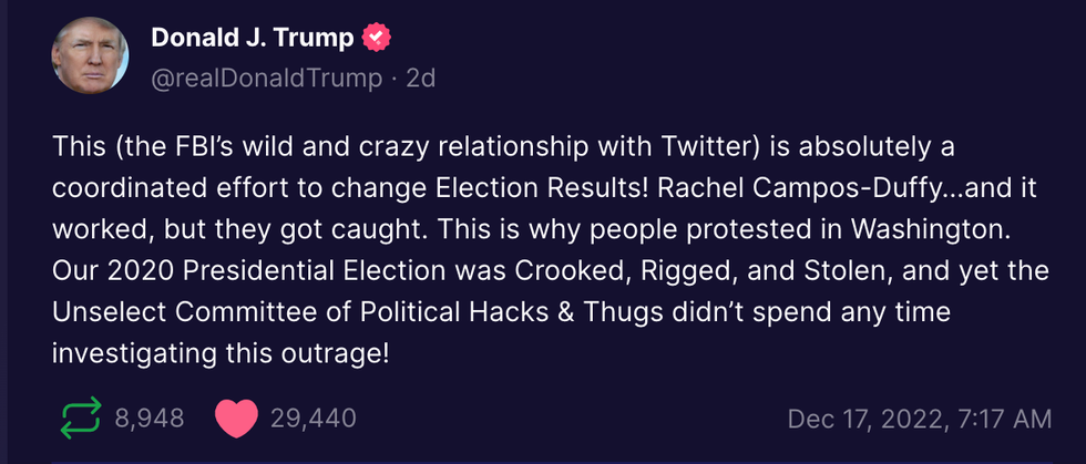 Screenshot of Donald Trump's post on Truth Social