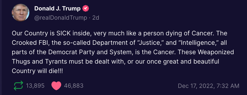 Screenshot of Donald Trump's post on Truth Social