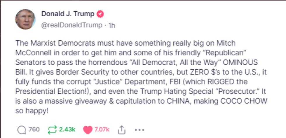 Screenshot of Donald Trump's post on Truth Social