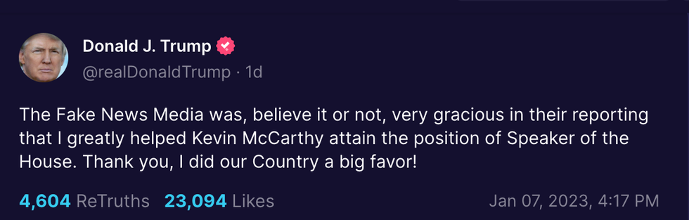 Screenshot of Donald Trump's post on Truth Social