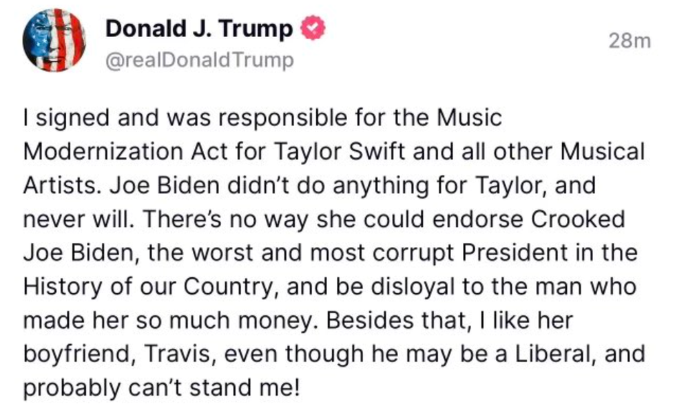 Screenshot of Donald Trump's post on Truth Social