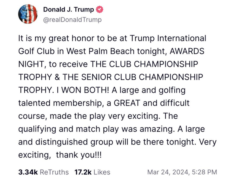 Screenshot of Donald Trump's post on Truth Social