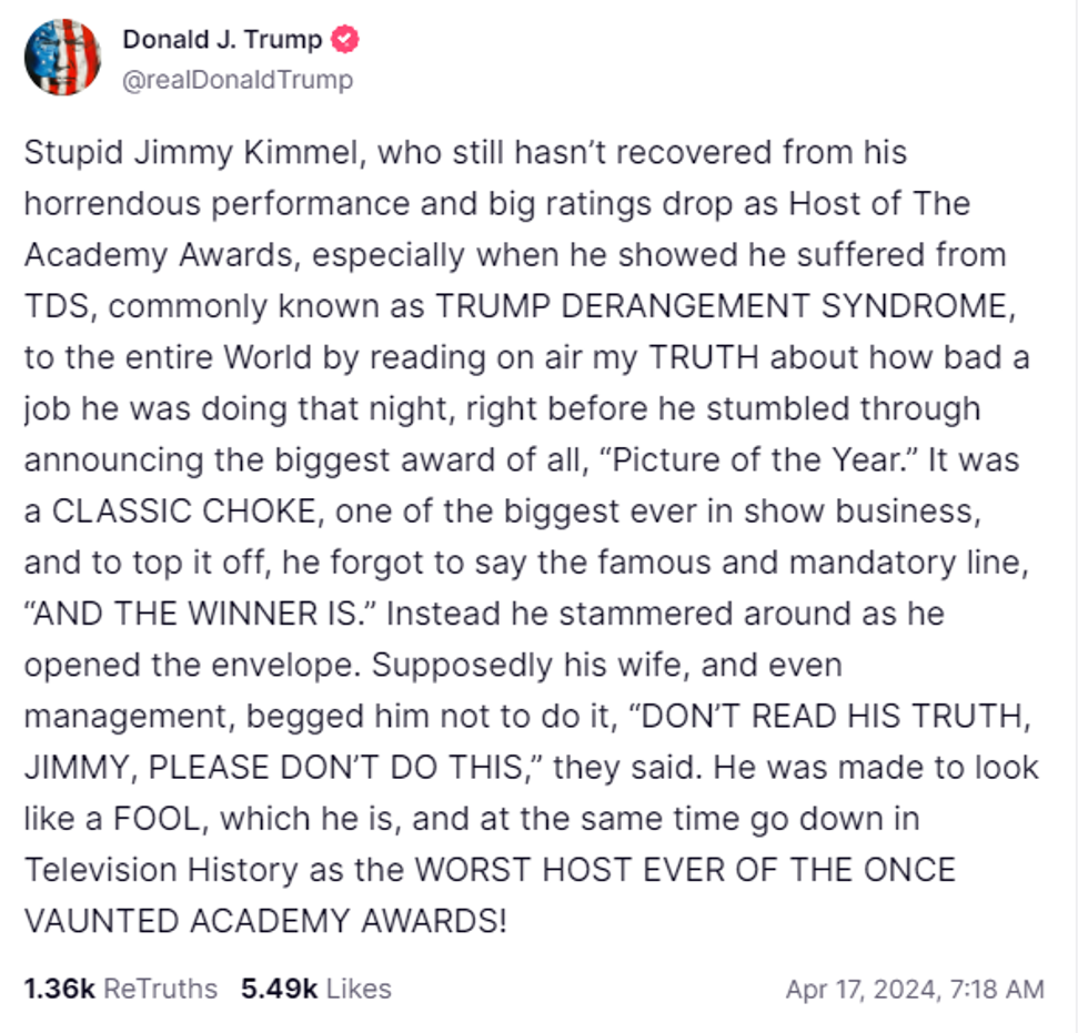 Screenshot of Donald Trump's post on Truth Social