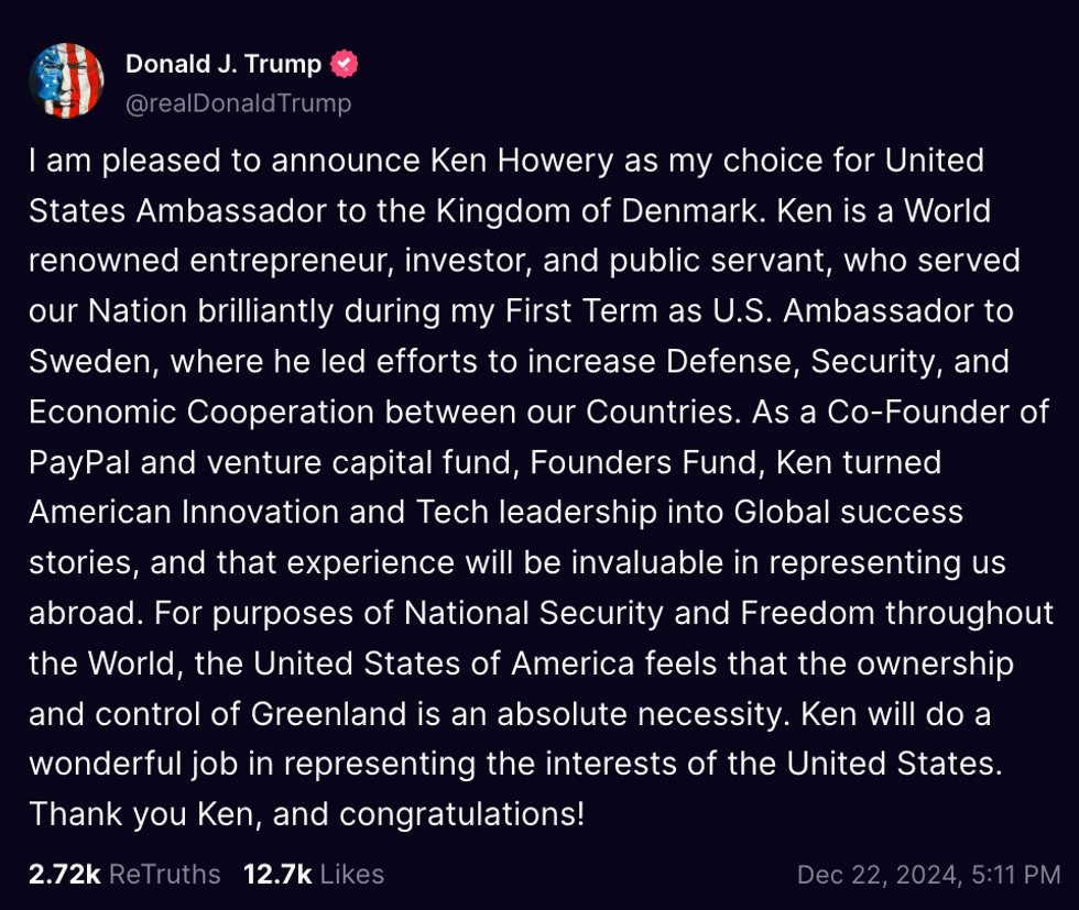 Screenshot of Donald Trump's post on Truth Social