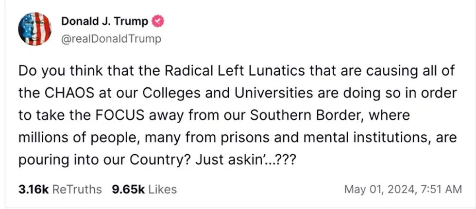 Screenshot of Donald Trump's post on Truth Social