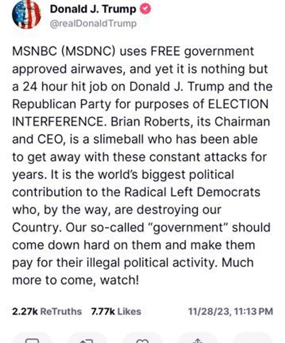 Screenshot of Donald Trump's post on Truth SocialT