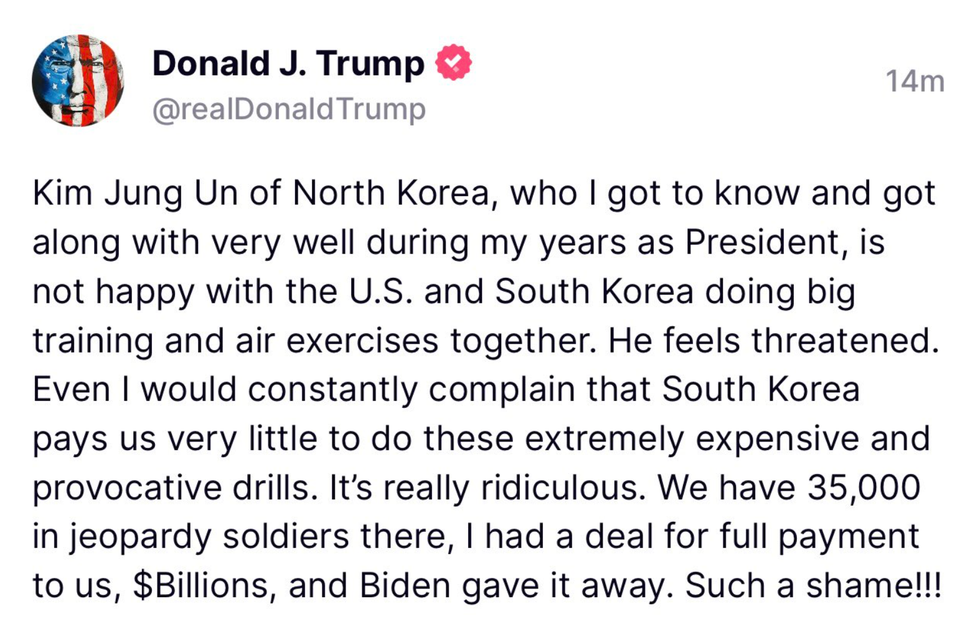 Screenshot of Donald Trump's post on Truth Soscial