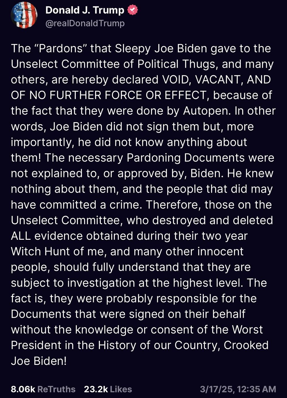 Screenshot of Donald Trump's post