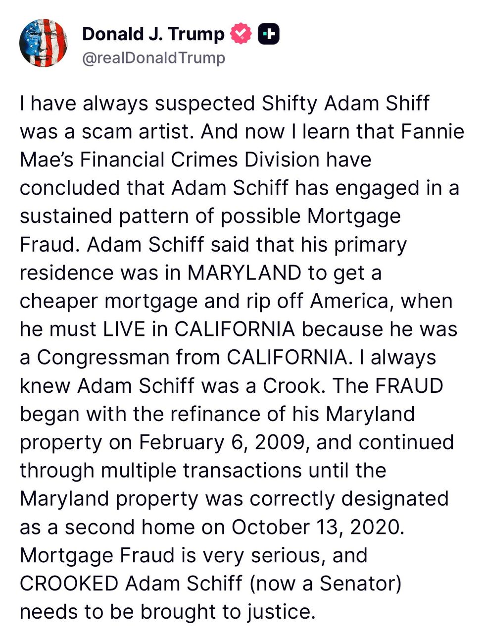 Screenshot of Donald Trump's post