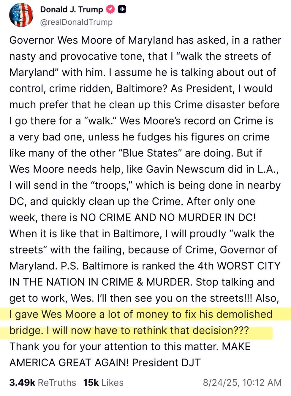 Screenshot of Donald Trump's post