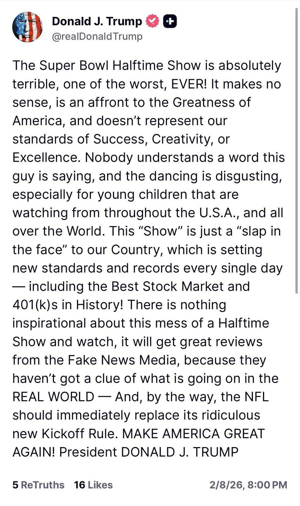 Screenshot of Donald Trump's post