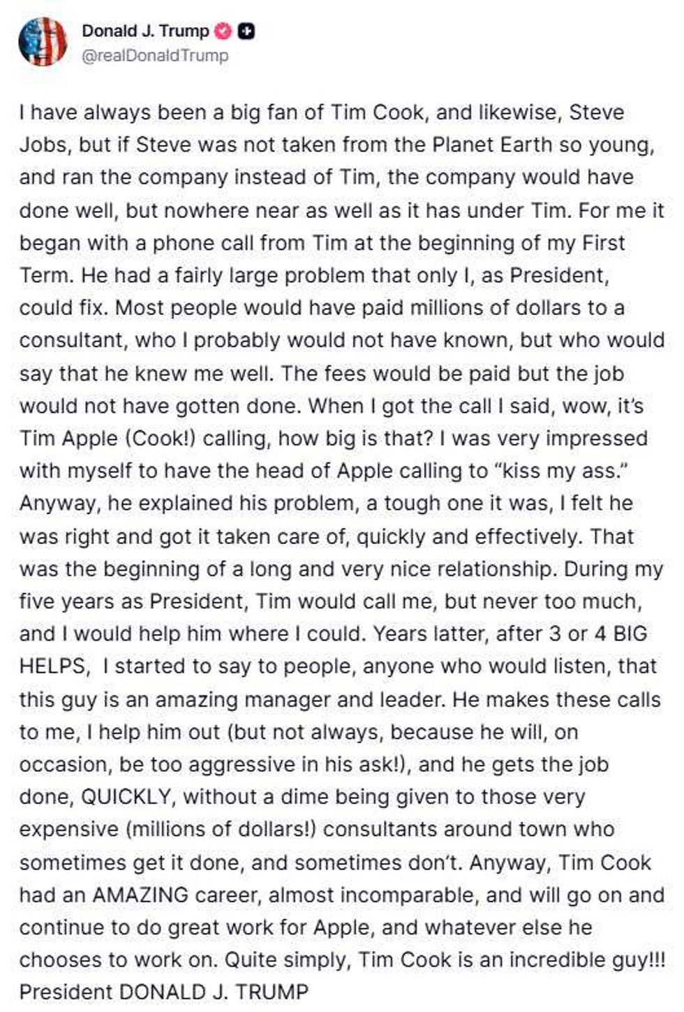 Screenshot of Donald Trump's post