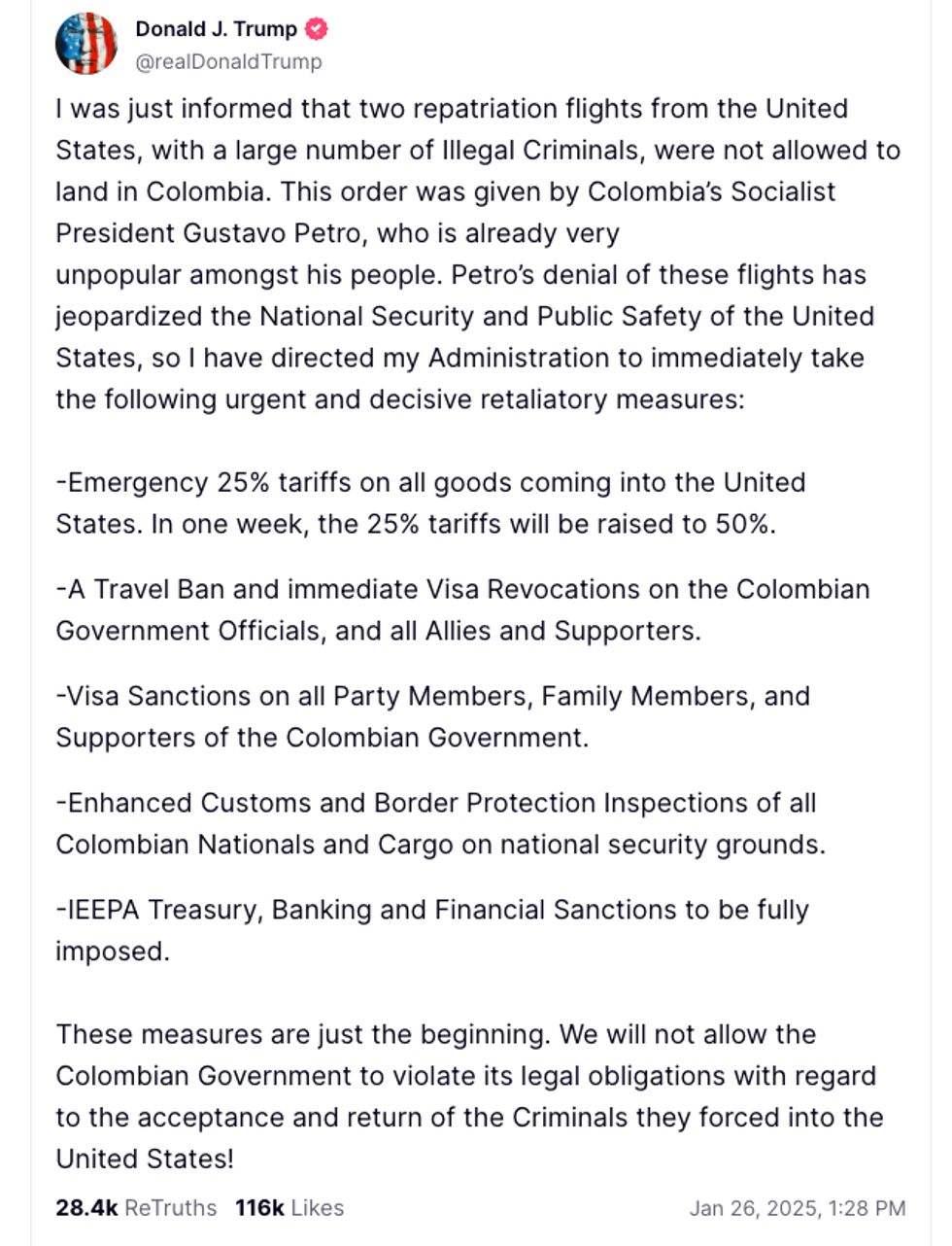 Screenshot of Donald Trump's post