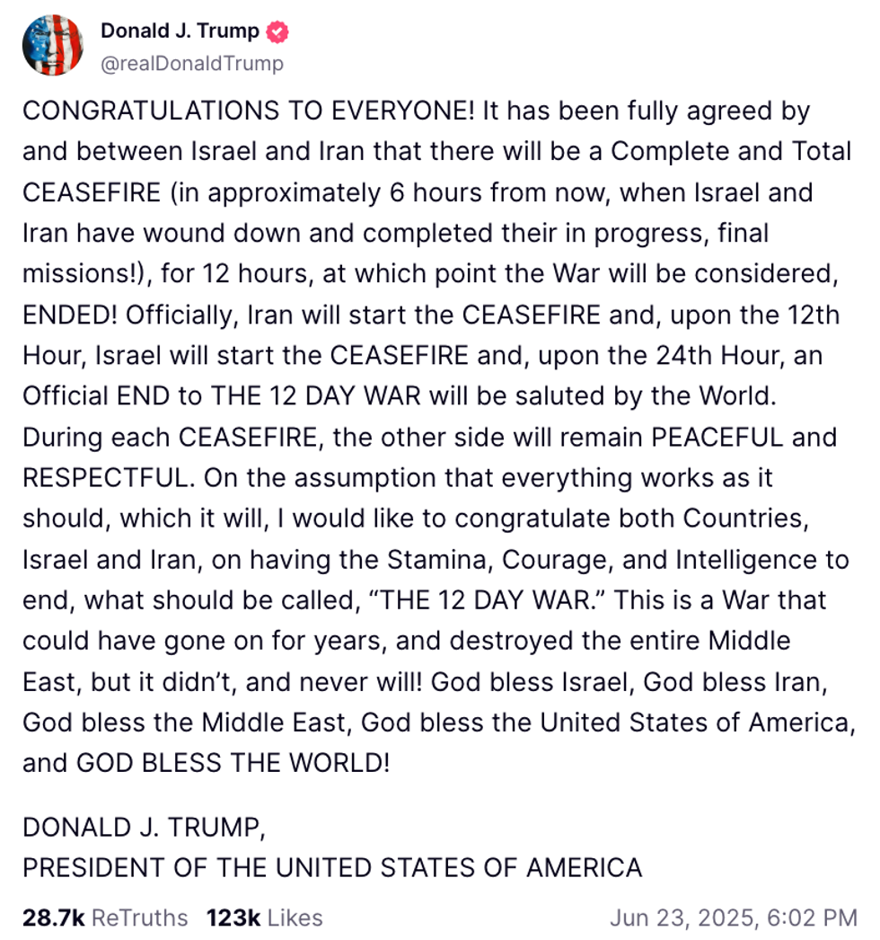 Screenshot of Donald Trump's post